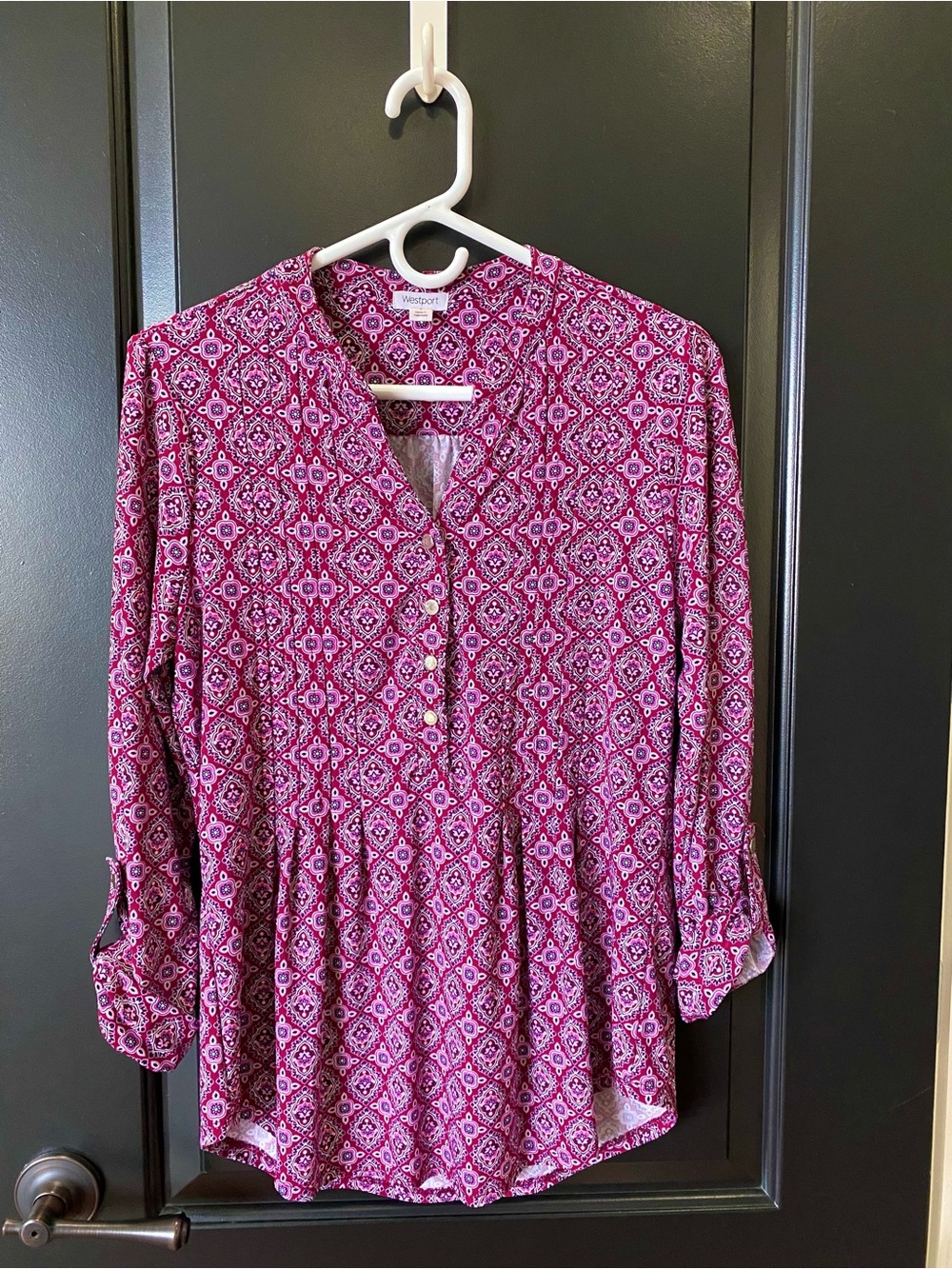 Westport Women’s Raspberry Patterned Snap Front Blouse | S